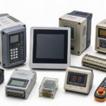 A catalogue-style group photograph of a dozen pieces of industrial control equipment on a white background: a variable speed drive with a keypad, a touchscreen HMI, a panel meter with a red seven-segment display, beige controllers from earlier generations, DIN-rail I/O modules, a network switch, a pressure transducer and a handheld pendant with an emergency stop. Designs of visibly different ages, all still on sale.