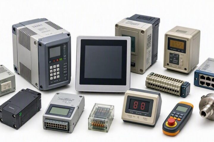A catalogue-style group photograph of a dozen pieces of industrial control equipment on a white background: a variable speed drive with a keypad, a touchscreen HMI, a panel meter with a red seven-segment display, beige controllers from earlier generations, DIN-rail I/O modules, a network switch, a pressure transducer and a handheld pendant with an emergency stop. Designs of visibly different ages, all still on sale.