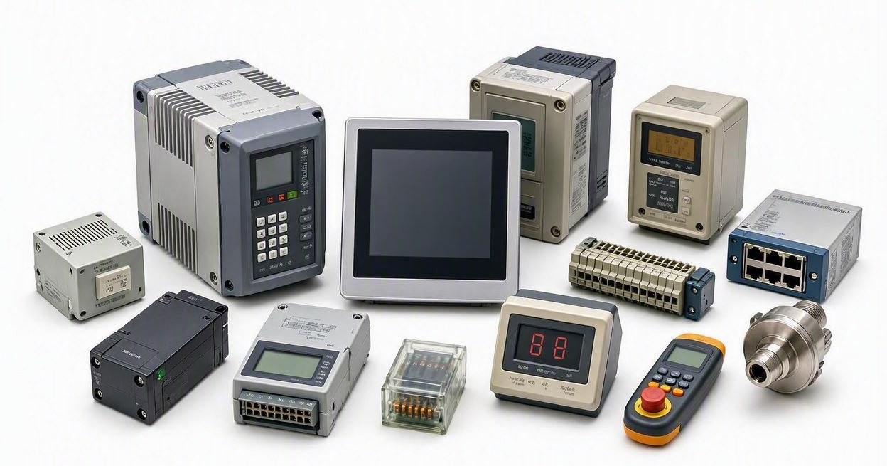 A catalogue-style group photograph of a dozen pieces of industrial control equipment on a white background: a variable speed drive with a keypad, a touchscreen HMI, a panel meter with a red seven-segment display, beige controllers from earlier generations, DIN-rail I/O modules, a network switch, a pressure transducer and a handheld pendant with an emergency stop. Designs of visibly different ages, all still on sale.