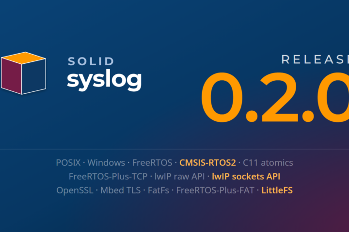 The SolidSyslog logo beside the words Release 0.2.0 in large orange type, over the thirteen supported platforms: POSIX, Windows, FreeRTOS, CMSIS-RTOS2, C11 atomics, FreeRTOS-Plus-TCP, the lwIP raw and sockets APIs, OpenSSL, Mbed TLS, FatFs, FreeRTOS-Plus-FAT and LittleFS, with the three new in 0.2.0 highlighted.