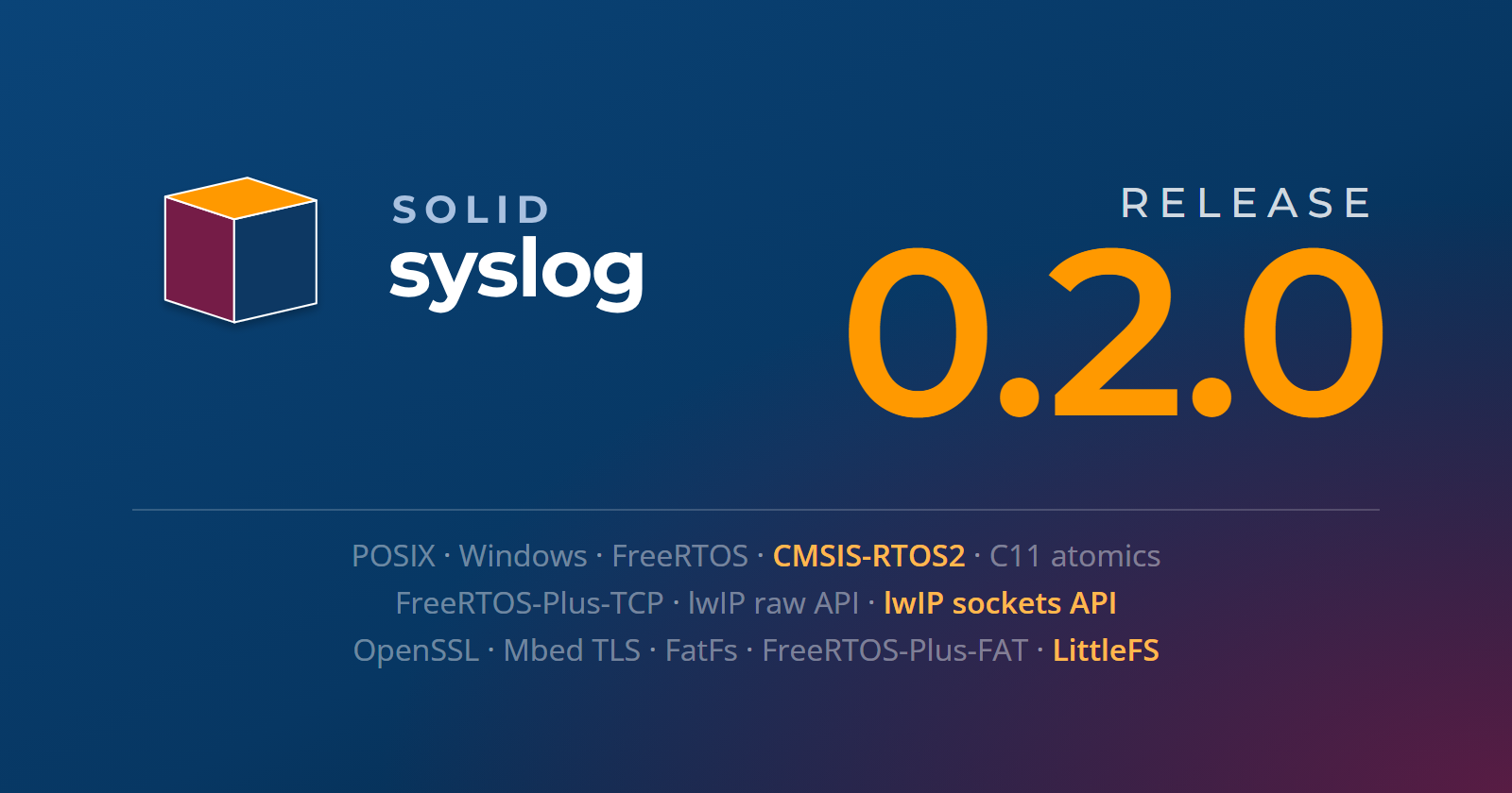 The SolidSyslog logo beside the words Release 0.2.0 in large orange type, over the thirteen supported platforms: POSIX, Windows, FreeRTOS, CMSIS-RTOS2, C11 atomics, FreeRTOS-Plus-TCP, the lwIP raw and sockets APIs, OpenSSL, Mbed TLS, FatFs, FreeRTOS-Plus-FAT and LittleFS, with the three new in 0.2.0 highlighted.