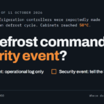 France, night of 11 October 2026: supermarket refrigeration controllers were reportedly made to run their own defrost cycle, and cabinets reached 50°C. The question, in large type: Is a defrost command a security event? Two empty tick boxes offer the answers: process event, operational log only; or security event, tell the SIEM now.